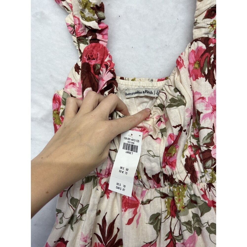 NWT Abercrombie & Fitch Babydoll Mini Dress Puff Strap cotton linen large tall - Picture 2 of 6